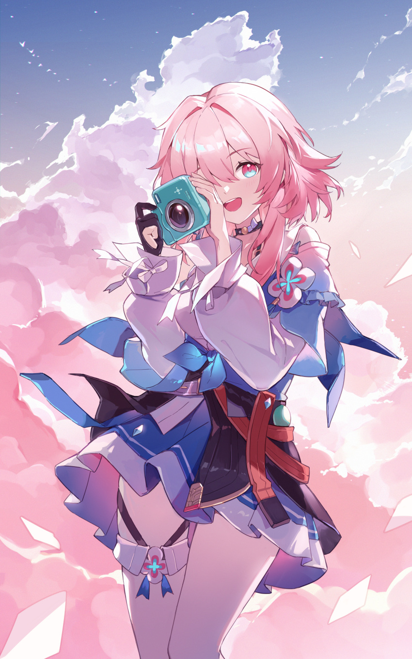 absurdres black_choker black_gloves blue_skirt bovine camera choker cloud cloudy_sky female gao_hai_takami gloves gradient_sky hair_between_eyes highres holding holding_camera honkai:_star_rail honkai_(series) looking_at_viewer march_7th_(honkai:_star_rail) march_7th_(preservation)_(honkai:_star_rail) medium_hair open_mouth pink_hair shirt single_glove skirt sky smile solo teeth thigh_strap thighs two-tone_eyes upper_teeth_only white_shirt