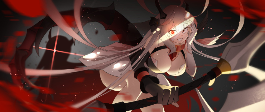 abyssal_yufine_(epic_seven) alternate_breast_size asymmetrical_clothes black_gloves blood breasts cleavage collar crack_of_light crazy_eyes crazy_smile dark_background dark_persona dragon_girl dragon_horns dragon_tail epic_seven feet_out_of_frame female flower gloves glowing glowing_eyes grey_hair hair_flower hair_ornament hand_on_own_face highres holding holding_weapon horns huge_breasts red_eyes remirii shadow skirt smile tail thighs weapon white_gloves white_skirt yufine_(epic_seven)