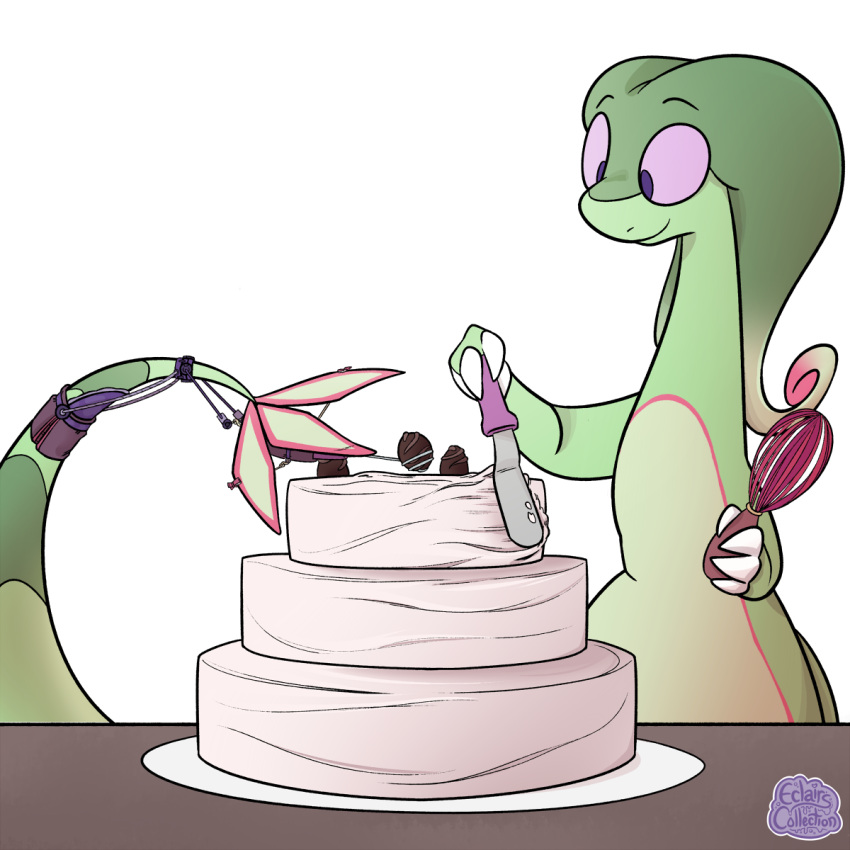 ambiguous_gender anthro cake candy chocolate contraption dessert eclairscollection fin flygon food frosting generation_3_pokemon hi_res kitchen_utensils nintendo pokemon pokemon_(species) solo tail tail_fin tools whisk