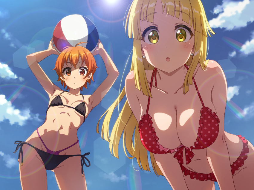 2girls armpits arms_up ball bang_dream! beachball bikini black_bikini blonde_hair blue_sky breasts cleavage cloud collarbone highres holding holding_ball holding_beachball kitazawa_hagumi large_breasts long_hair looking_at_viewer multiple_girls navel open_mouth orange_eyes orange_hair outdoors polka_dot polka_dot_bikini red_bikini short_hair sky small_breasts stomach swimsuit tsurumaki_kokoro yazawa_happyaro