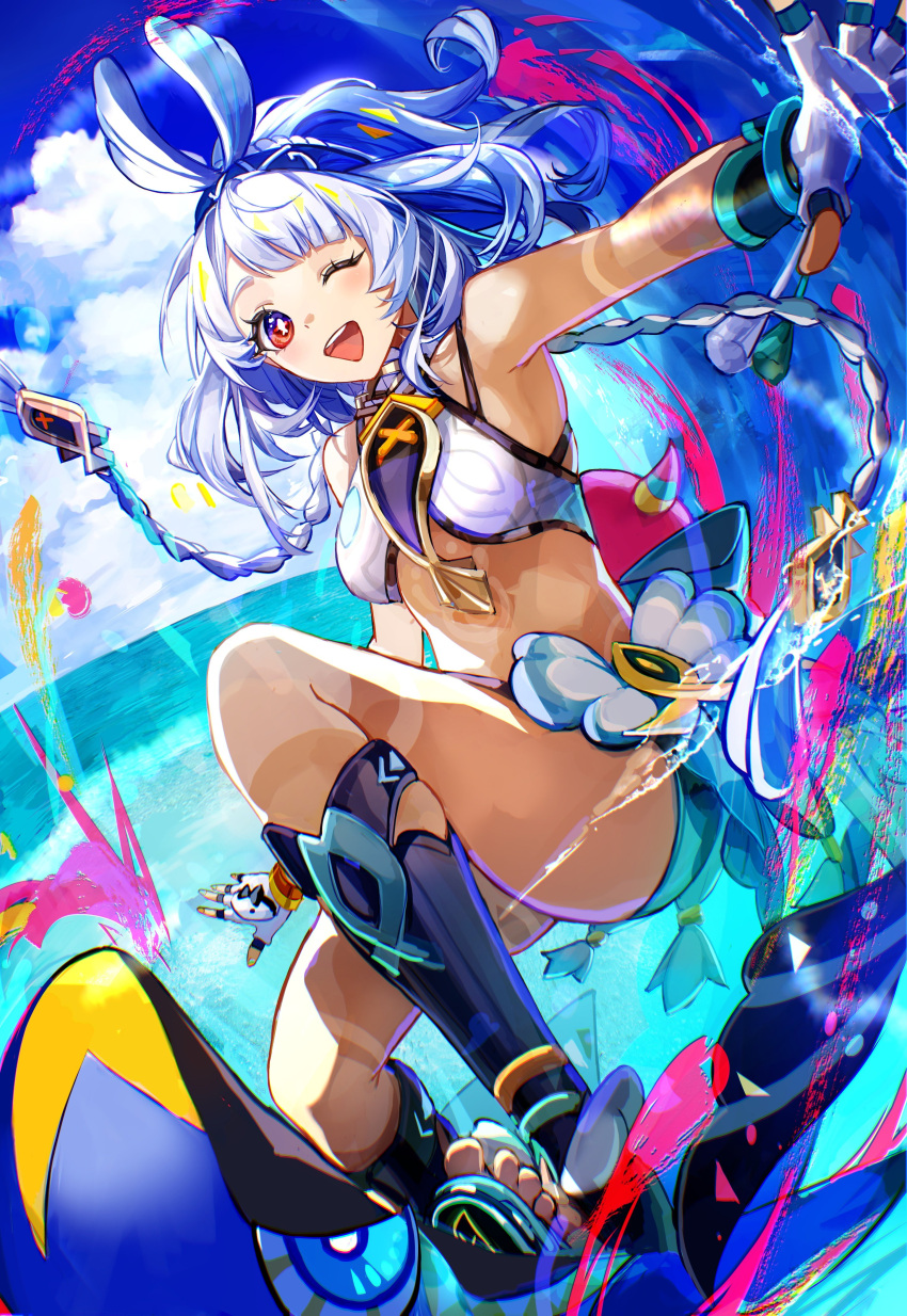 1other ;d absurdres bare_shoulders black_gloves blue_sky braid cloud commentary_request cropped_torso dark-skinned_female dark_skin day female fingerless_gloves fish-shaped_pupils floating_hair full_body fusyo_fuka genshin_impact gloves highres long_hair looking_at_viewer midriff mualani_(genshin_impact) one_eye_closed outstretched_arm red_eyes shark sky smile solo surfing teeth thighs toes two-tone_gloves upper_teeth_only very_long_hair white_gloves white_hair