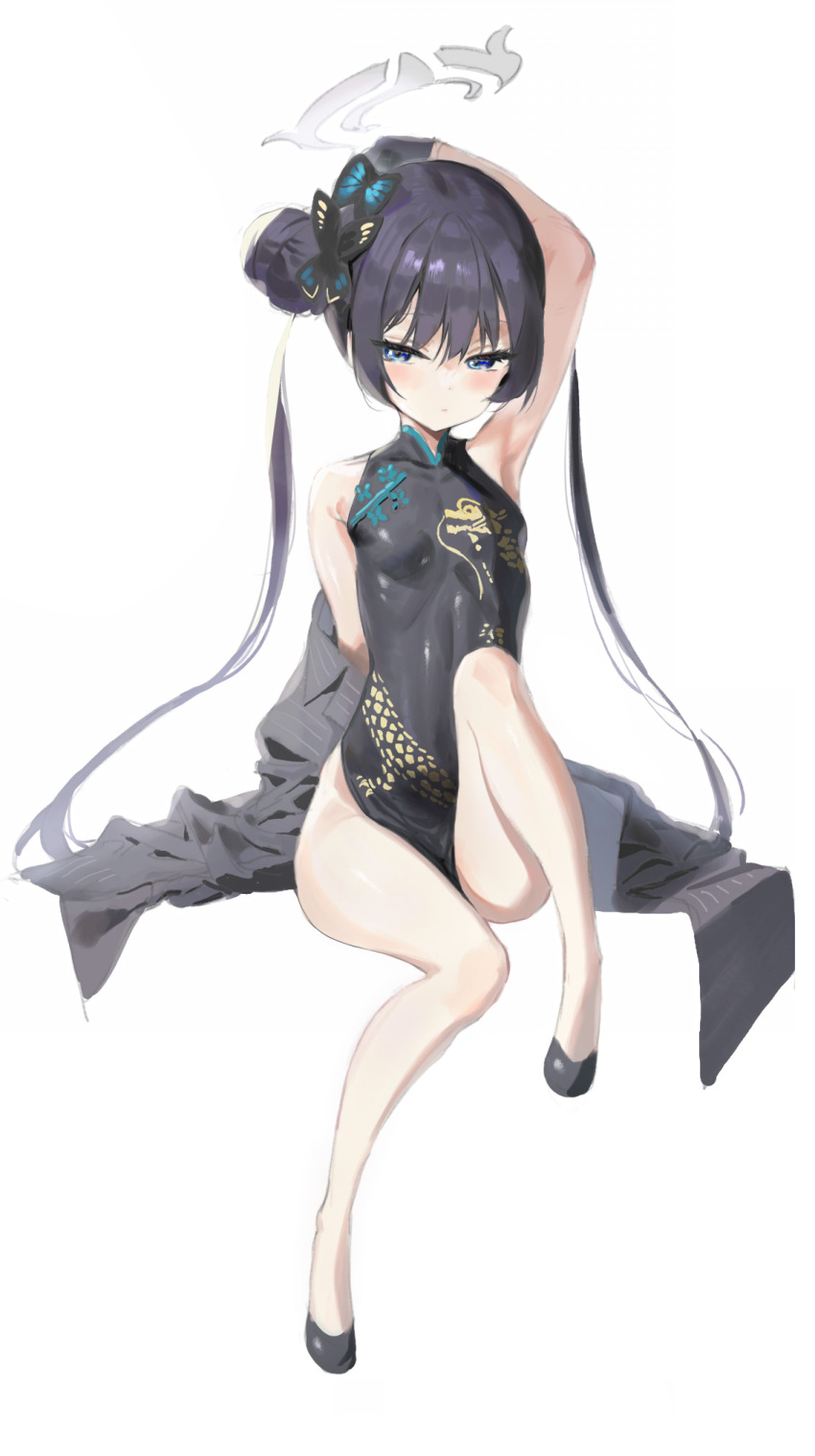 bare_shoulders black_dress black_gloves black_hair blue_archive blush braid braided_bun breasts butterfly_hair_ornament china_dress chinese_clothes coat double_bun dragon_print dress female full_body gloves grey_coat grey_eyes hair_bun hair_ornament half_gloves halo highres kisaki_(blue_archive) long_hair long_sleeves looking_at_viewer off_shoulder pelvic_curtain pinstripe_pattern short_dress side_slit small_breasts solo striped_coat twintails vertical-striped_coat youta