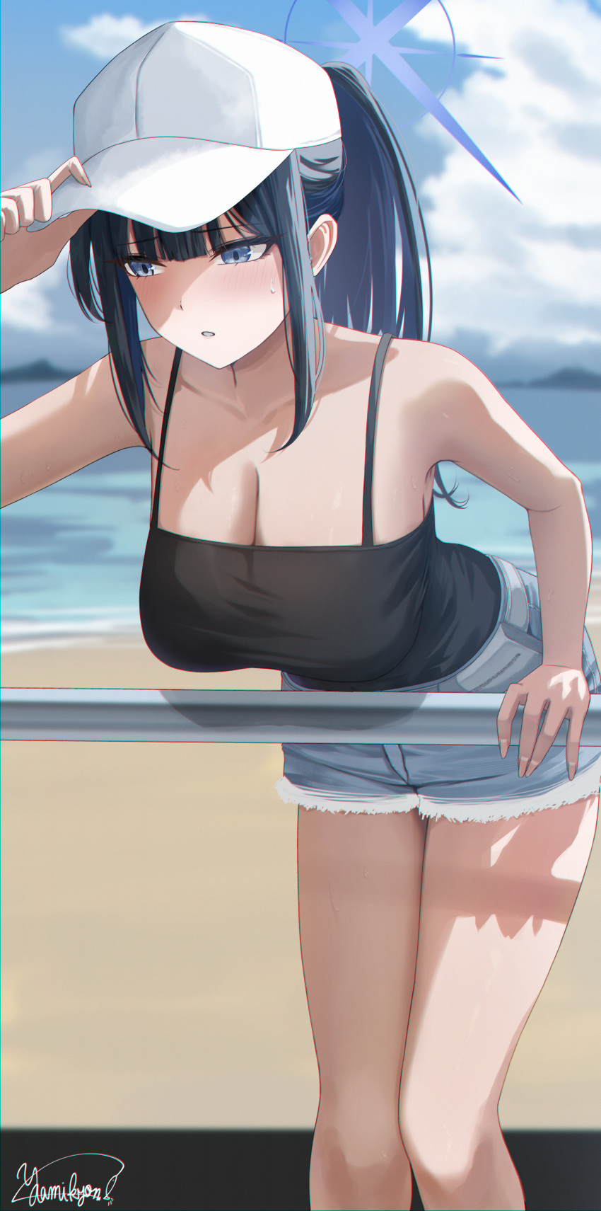 absurdres bare_shoulders baseball_cap beach black_camisole black_hair blue_archive blue_eyes blue_hair blue_sky blush breasts camisole cleavage colored_inner_hair cutoffs female grey_shorts halo hat highres large_breasts leaning_forward long_hair looking_to_the_side multicolored_hair ponytail saori_(blue_archive) saori_(swimsuit)_(blue_archive) short_shorts shorts sidelocks sky solo thighs white_hat yamikyon