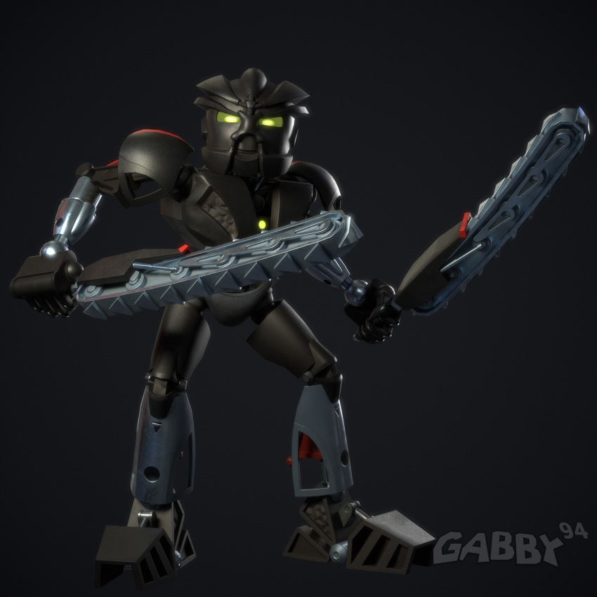 3d_(artwork) ambiguous_gender armor better_version_at_paywall biomechanical bionicle black_body blender_(artwork) chainsaw chainsaw_sword digital_media_(artwork) gabby94 gradient_background green_eyes grey_body hi_res humanoid lego looking_at_viewer machine mask melee_weapon not_furry onua power_tool red_body robot robot_humanoid simple_background solo sword toa tools weapon