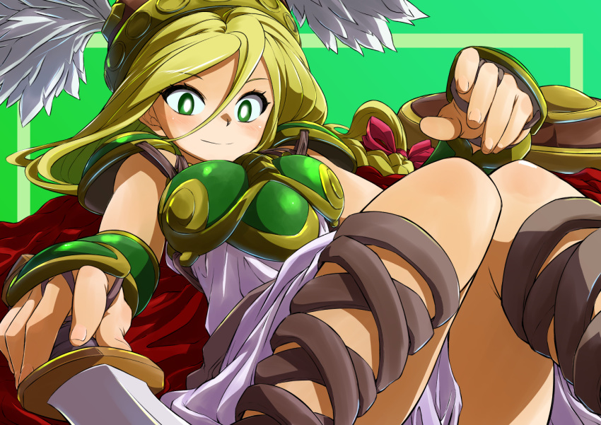 armor blonde_hair cape dress female gladiator_sandals green_armor green_eyes helmet ko_akuman red_cape sandals shield sword valkyrie_(vnd) valkyrie_no_densetsu weapon white_dress winged_helmet