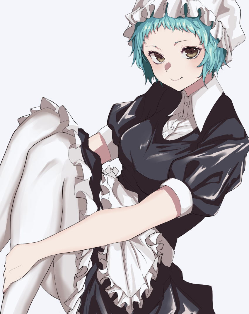 absurdres apron aqua_hair bare_arms black_dress closed_mouth collared_shirt commentary_request dress feet_out_of_frame female frilled_dress frills grey_eyes highres knees_up light_blush looking_at_viewer maid maid_apron maid_headdress pantyhose persona persona_3 puffy_short_sleeves puffy_sleeves s-m-53413 shirt short_hair short_sleeves simple_background sitting smile solo white_pantyhose white_shirt yamagishi_fuuka