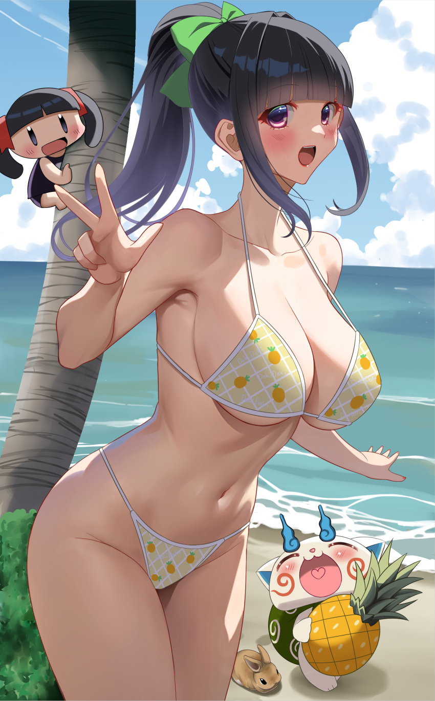 :3 :d absurdres akihiro0920 beach bikini black_hair black_one-piece_swimsuit blue_sky blunt_bangs blush breasts bush chibi cleavage cloud collarbone day female food fruit highres horizon komami_(youkai_watch) komasan large_breasts navel ocean old_school_swimsuit one-piece_swimsuit open_mouth outdoors palm_tree pineapple pineapple_print ponytail print_bikini rabbit school_swimsuit sideboob sidelocks sky smile standing swimsuit tamura_yukari tree underboob v yellow_bikini youkai_watch