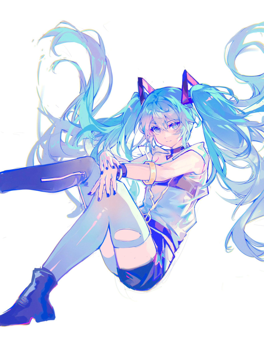 :| ankle_boots black_collar black_footwear blue_eyes blue_hair blue_nails boots bracelet closed_mouth collar commentary_request female floating_hair full_body hair_between_eyes hand_on_own_knee hatsune_miku highres invisible_chair jacket jewelry lin_qing_(phosphorus_1104) long_hair looking_at_viewer partially_open_jacket short_sleeves shorts simple_background sitting solo thighhighs three_quarter_view twintails very_long_hair vocaloid white_background white_jacket