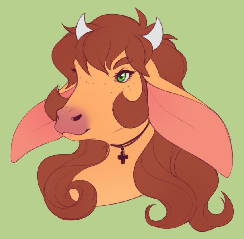 2018 anthro big_ears bovid bovine brown_hair buxbi choker eyebrows eyeliner female flat_colors freckles fur green_eyes hair hi_res horn jewelry las_lindas makeup mammal mora_linda necklace pink_nose realistic solo tan_body tan_fur what white_horn