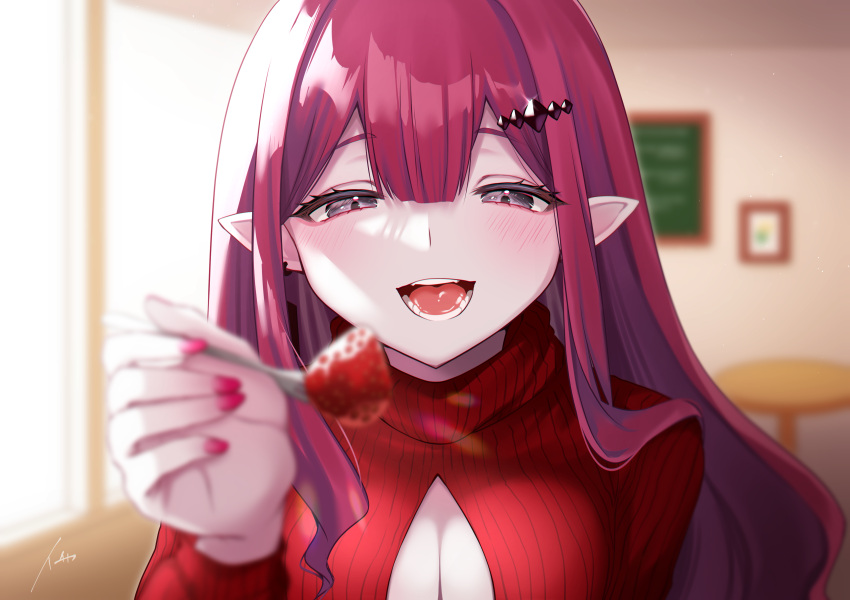 absurdres baobhan_sith_(fate) blush breasts cleavage cleavage_cutout clothing_cutout commentary_request fate/grand_order fate_(series) feeding female food fork fruit grey_eyes highres ichi_kq large_breasts long_hair long_sleeves looking_at_viewer open_mouth pink_hair pointy_ears red_sweater sidelocks smile solo strawberry sweater