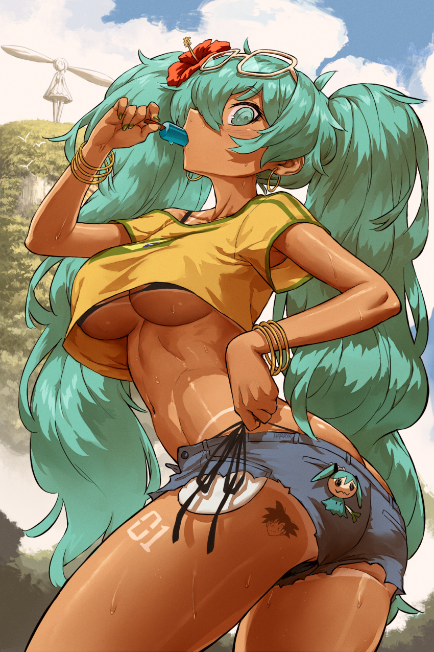 alternate_breast_size aqua_eyes aqua_hair ass bikini bikini_under_clothes blue_sky bracelet brazilian_miku breasts character_tattoo cowboy_shot denim denim_shorts earrings eyewear_on_head female flower food food_in_mouth from_side hair_flower hair_ornament haraya_manawari hatsune_miku highres holding holding_food holding_popsicle jewelry large_breasts long_hair navel outdoors popsicle shorts side-tie_bikini_bottom sky solo son_goku stomach swimsuit tan tanlines thighs twintails underboob vocaloid