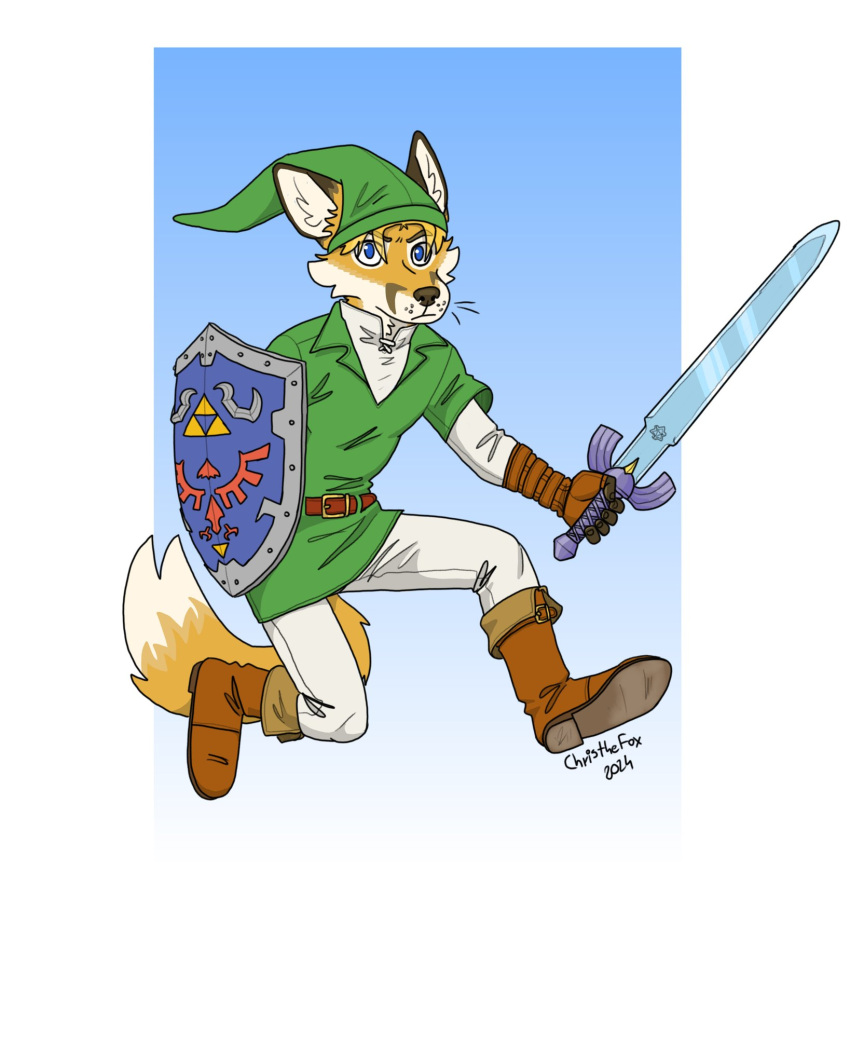 4:5 anthro bartek22 blonde_hair blue_eyes chris_the_fox_(bartek22) clothing ears_up footwear fur hair hat headgear headwear hi_res holding_melee_weapon holding_object holding_shield holding_sword holding_weapon link looking_at_viewer male melee_weapon nintendo running shield shoes solo sword tail the_legend_of_zelda weapon white_body white_fur yellow_body yellow_fur