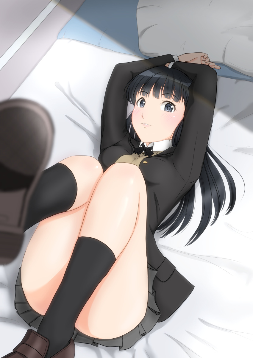 amagami arms_up ass ayatsuji_tsukasa black_bow black_bowtie black_eyes black_hair black_jacket black_sailor_collar black_socks blazer bow bowtie brown_footwear female futon grey_skirt highres jacket kero320 kibito_high_school_uniform kneehighs leg_up loafers long_hair long_sleeves looking_at_viewer lying miniskirt on_back parted_lips pillow pleated_skirt sailor_collar school_uniform shoes skirt socks solo straight_hair sweater_vest thighs yellow_sweater_vest