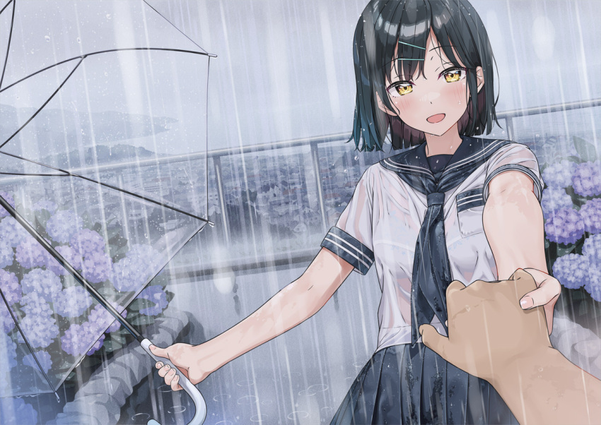 1boy black_hair bra_visible_through_clothes breasts commentary_request female flower hair_ornament hairclip holding holding_umbrella hydrangea looking_at_viewer neckerchief open_mouth original outdoors pleated_skirt pov pov_hands rain school_uniform see-through serafuku shirt short_hair skirt small_breasts smile solo_focus transparent transparent_umbrella tsubure_manjuu umbrella wet wet_clothes wet_hair wet_shirt yellow_eyes