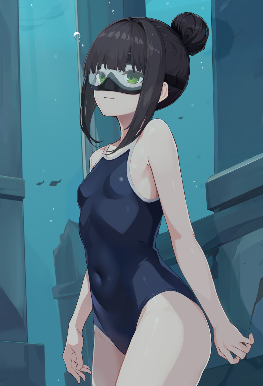 absurdres air_bubble bare_shoulders black_hair breasts bubble commission competition_school_swimsuit covered_navel diving_mask goggles green_eyes hair_bun highres idashige_(walkietalkie) light_smile medium_hair one-piece_swimsuit original pixiv_commission school_swimsuit single_hair_bun small_breasts swimsuit underwater