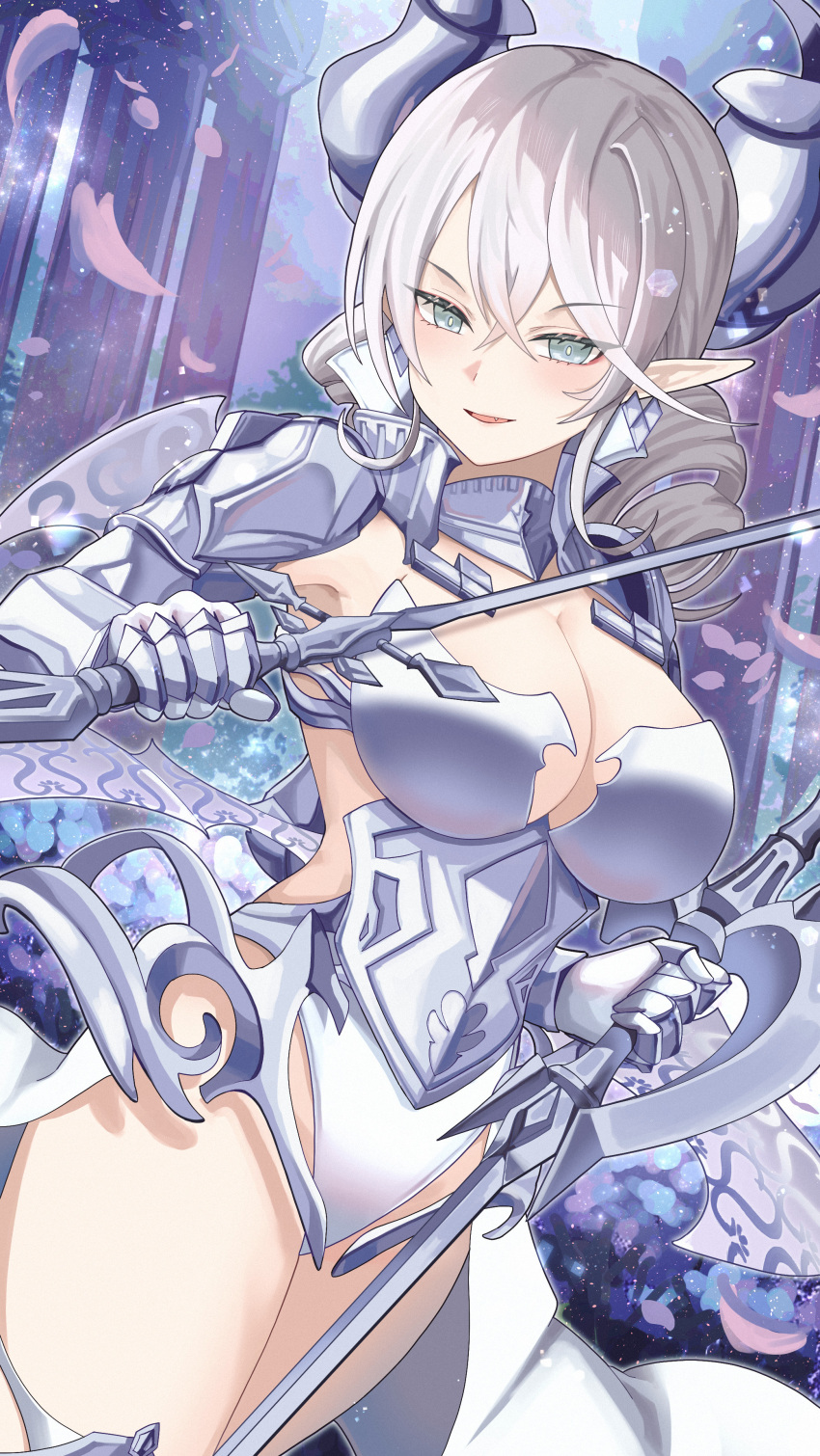 absurdres armored_leotard blush breasts cleavage demon_girl demon_horns drill_hair dual_wielding duel_monster female gauntlets gmg grey_eyes grey_hair hair_between_eyes highres holding holding_sword holding_weapon horns lady_labrynth_of_the_silver_castle large_breasts leotard looking_at_viewer lovely_labrynth_of_the_silver_castle oerba_yun_fang pointy_ears solo sword weapon yu-gi-oh!