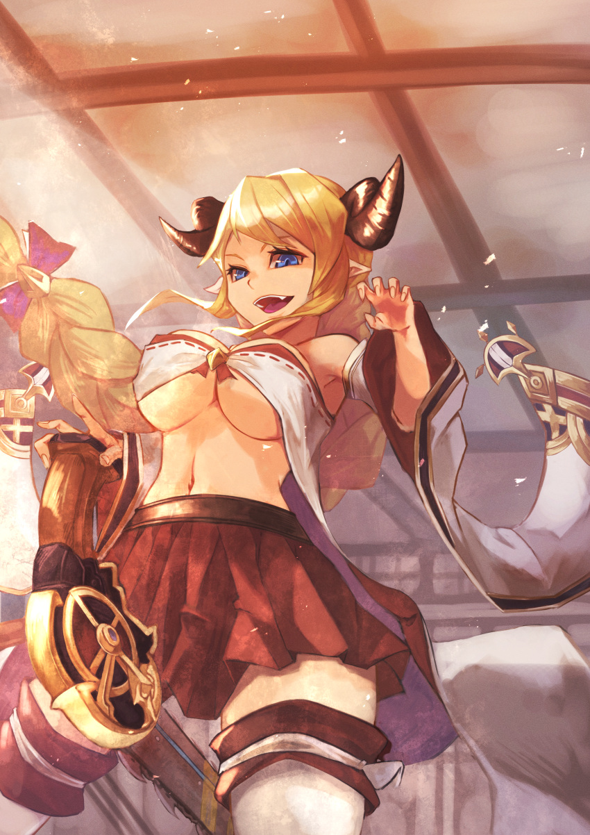 absurdres blonde_hair blue_eyes braid breasts brown_skirt detached_sleeves elsie female granblue_fantasy hallessena highres holding holding_weapon horns large_breasts light_particles looking_at_viewer navel open_mouth pleated_skirt pointy_ears skirt solo teeth thighhighs underboob upper_teeth_only weapon white_thighhighs