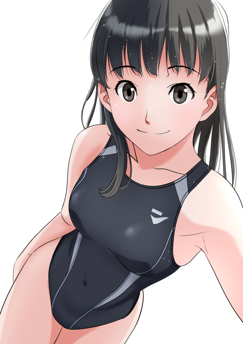 amagami ayatsuji_tsukasa black_eyes black_hair black_one-piece_swimsuit breasts closed_mouth collarbone commentary_request competition_swimsuit covered_navel cowboy_shot female from_above highres kero320 long_hair one-piece_swimsuit reaching reaching_towards_viewer revision selfie simple_background small_breasts smile solo standing swimsuit white_background