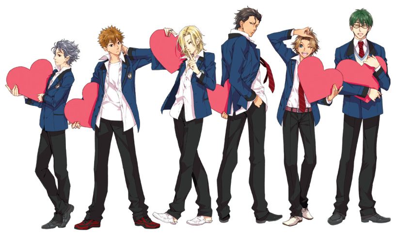 6+boys ;d ahoge arm_up bad_id bad_pixiv_id belt black_footwear black_hair black_pants blazer blonde_hair blue_eyes blue_jacket brown_hair carrying carrying_under_arm collared_shirt dress_shirt facing_viewer finger_to_mouth fujiyama_arashi glasses green_hair grey_hair habataki_academy_school_uniform hair_between_eyes hair_slicked_back hair_strand hand_in_pocket hand_on_own_chest heart holding index_finger_raised jacket konno_tamao legs_apart lineup long_sleeves looking_at_viewer looking_back male_focus multiple_boys necktie niina_junpei no_neckwear one_eye_closed open_clothes open_shirt pan_chira pants profile red_footwear red_necktie sakurai_kouichi sakurai_ruka school_uniform shirt shitara_seiji shoes short_hair shushing simple_background smile sneakers spiked_hair standing striped_necktie sweater tokimeki_memorial tokimeki_memorial_girl's_side tokimeki_memorial_girl's_side_3rd_story undershirt untucked_shirt walking white_background white_shirt