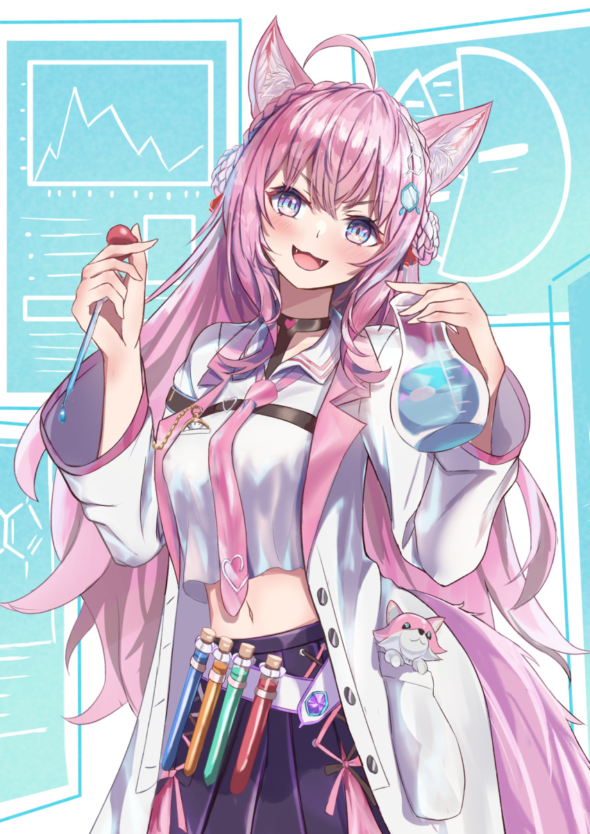 ahoge animal_ears antenna_hair belt braid breast_pocket breasts cartesian_chart chains chemical_structure chemicals coat collared_shirt commentary_request cowboy_shot crop_top cropped_shirt crown_braid fangs female flask graph hakui_koyori hakui_koyori_(1st_costume) highres holding holding_flask holding_pipette holographic_interface hololive kokoro_(hakui_koyori) lab_coat long_hair long_sleeves looking_at_viewer medium_breasts midriff navel necktie open_mouth oramustat pie_chart pink_hair pink_necktie pipette pleated_skirt pocket pocket_watch purple_eyes purple_skirt shirt skirt smile solo tail test_tube virtual_youtuber watch white_belt white_coat white_shirt wolf_ears wolf_tail