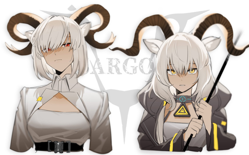 2girls arknights beeswax_(arknights) black_coat carnelian_(arknights) coat dark-skinned_female dark_skin highres holding holding_staff horns multiple_girls red_eyes sargon_logo sheep_horns siblings sisters staff ting_(machi_nakahara) white_coat white_hair yellow_eyes