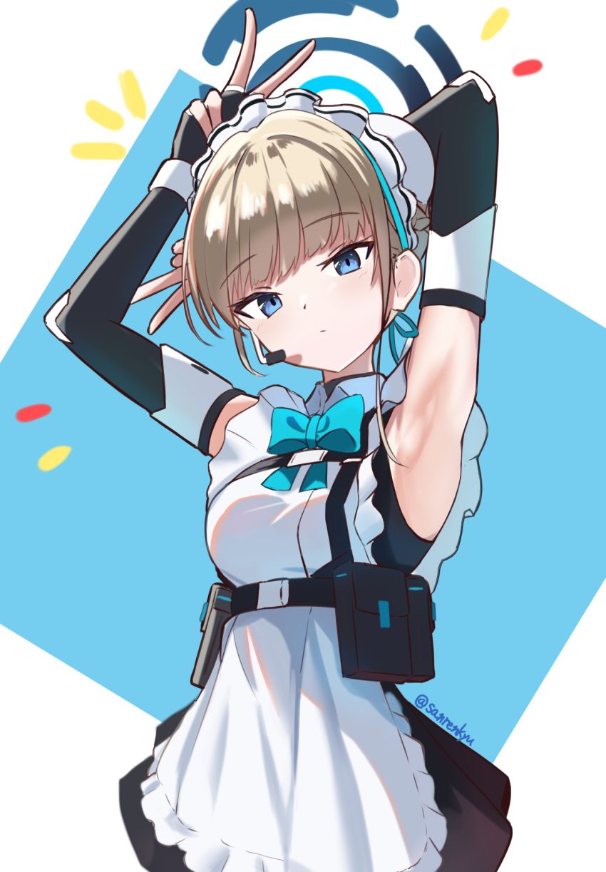 apron aqua_bow aqua_bowtie armpits blonde_hair blue_archive blue_bow blue_bowtie blue_eyes blue_hairband blue_halo bow bowtie cleaning_&_clearing_(blue_archive) detached_collar doku-doku earpiece female hairband half_up_braid halo headset highres long_hair looking_at_viewer maid maid_apron maid_headdress presenting_armpit solo toki_(blue_archive) v white_background white_wrist_cuffs wrist_cuffs