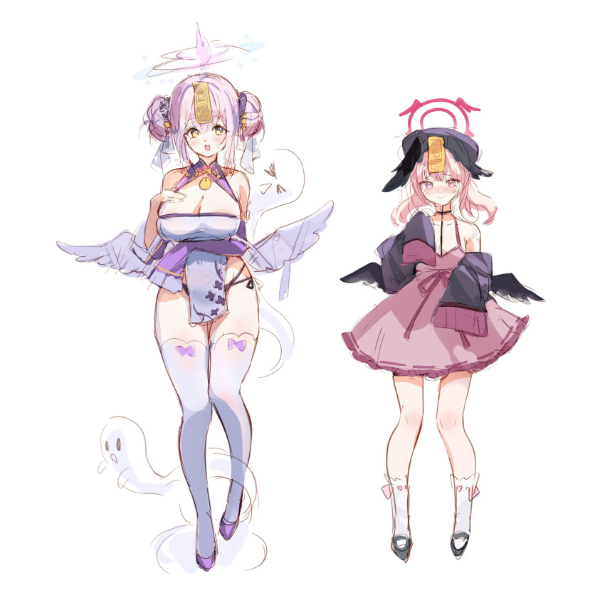 2girls absurdres alternate_costume angel_wings ash_(cat7evy) black_hat black_wings blue_archive feathered_wings full_body gradient_halo hair_bun halo hat head_wings highres koharu_(blue_archive) low_wings mika_(blue_archive) multicolored_halo multiple_girls pink_eyes pink_hair pink_halo red_halo simple_background white_background white_wings wings