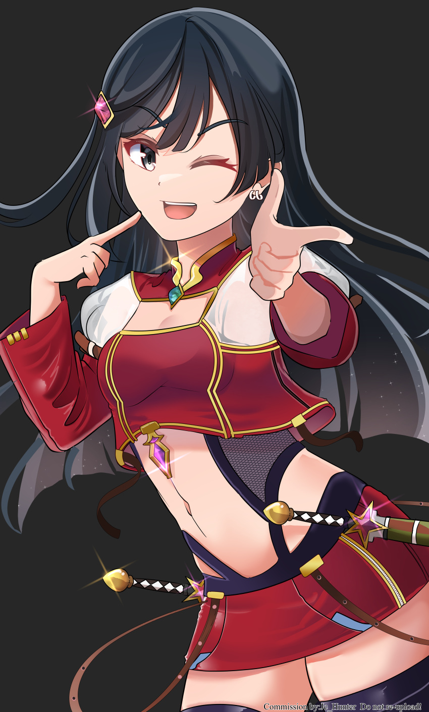 absurdres black_hair black_thighhighs breasts cleavage_cutout clothing_cutout commentary commission cropped_shirt dagger ear_piercing female finger_to_mouth grey_eyes highres jewelry knife long_hair long_sleeves looking_at_viewer love_live! love_live!_nijigasaki_high_school_idol_club medium_breasts navel one_eye_closed one_side_up open_mouth piercing pointing pointing_at_viewer red_skirt sheath sheathed skirt solo standing stomach teeth thighhighs upper_body upper_teeth_only v-shaped_eyebrows weapon whin yuki_setsuna