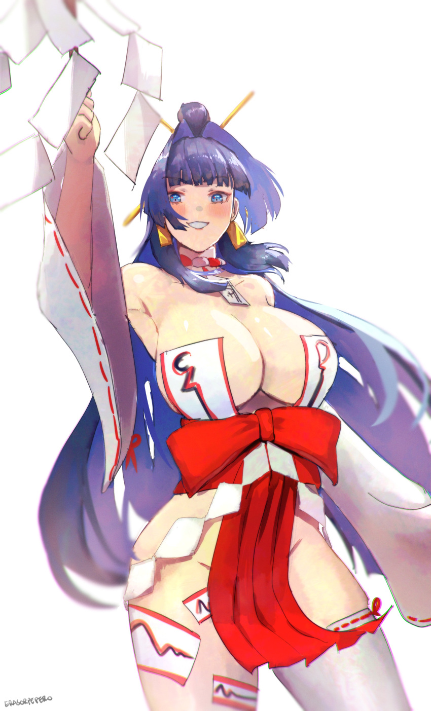 absurdres alternate_costume bare_shoulders black_hair blue_eyes blue_hair borrowed_clothes breasts detached_sleeves earrings erasorpepero female gohei hair_intakes highres hololive hololive_english japanese_clothes jewelry large_breasts long_hair looking_at_viewer nontraditional_miko ouro_kronii ribbon-trimmed_sleeves ribbon_trim smile solo virtual_youtuber white_sleeves wide_sleeves