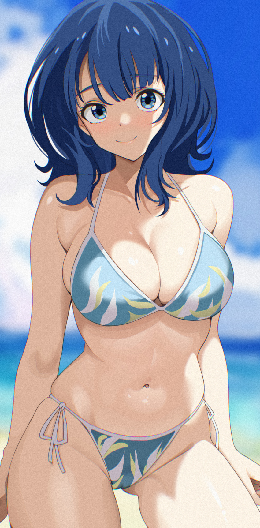 absurdres ass_visible_through_thighs bikini blue_bikini blue_eyes blue_hair blurry blurry_background blush breasts closed_mouth cowboy_shot day female highres large_breasts looking_at_viewer make_heroine_ga_oo_sugiru! navel ni_tamago_sando outdoors short_hair skindentation smile solo swimsuit thighs yanami_anna