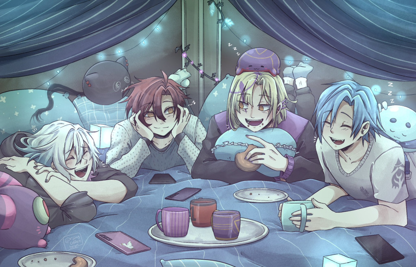 4boys :3 @_@ alternate_costume altventurer_(regis_altare) blonde_hair blue_hair blush closed_eyes commentary creature creature_on_head cup curtained_hair food food_on_face gavis_bettel grey_hair hair_between_eyes happy highres holding holding_cup holding_food holostars holostars_english laughing looking_at_another lying machina_x_flayon machiroon_(machina_x_flayon) magmite_(magni_dezmond) magni_dezmond male_focus medium_hair multicolored_hair multiple_boys on_stomach open_mouth orange_eyes phantom_(gavis_bettel) phone pink_hair plate rainycoffeebean red_hair regis_altare shirt short_hair smile string_lights t-shirt talking teeth tent the_pose twitter_username upper_body virtual_youtuber yellow_eyes