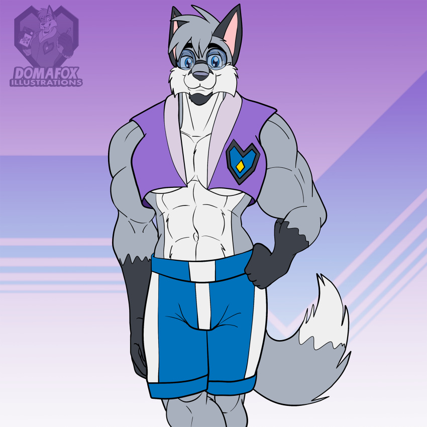 anthro canid canine clothed clothing domafox eyewear fox fur glasses grey_body grey_fur hand_on_hip hi_res looking_at_viewer male mammal muscular muscular_male smile solo