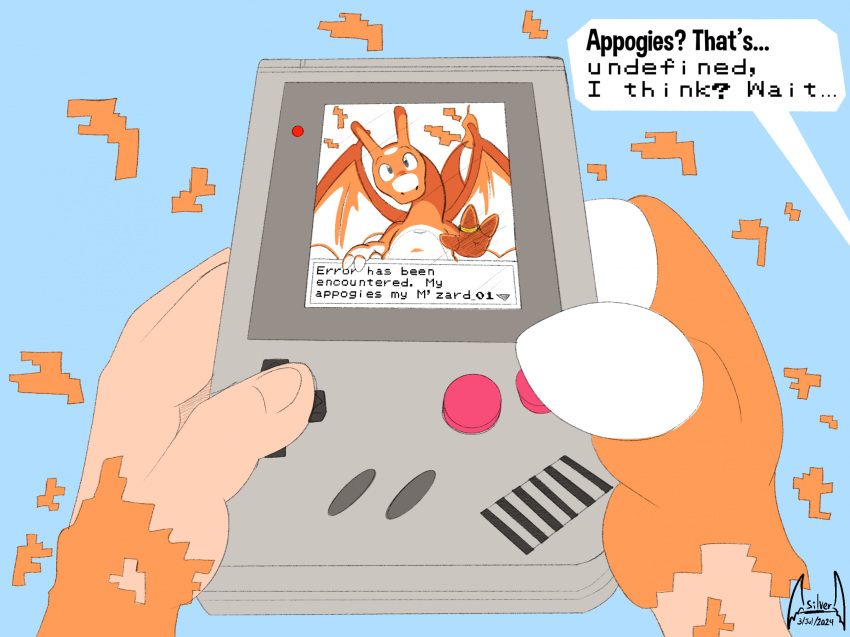 2024 ambiguous_gender anthro biped blue_background charizard claws dated dialogue digital_media_(artwork) duo electronics english_text game_boy game_boy_family game_console generation_1_pokemon handheld_console hi_res human mammal nintendo pokemon pokemon_(species) ring signature simple_background soul-silver-dragon species_transformation speech_bubble text transformation