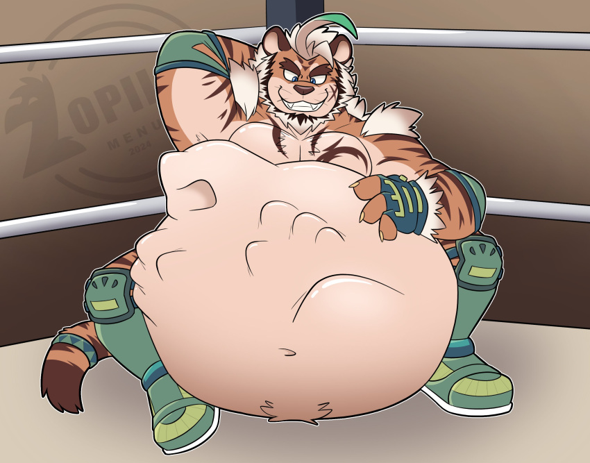 3_fingers anthro belly belly_bump big_belly boots clothing felid fighting_ring fingerless_gloves fingers footwear gloves hair handwear hi_res hombre_tigre_(tas) lifewonders male mammal navel pantherine pecs raised_arms shoes sitting solo tiger tokyo_afterschool_summoners vore white_hair zopilotemenu