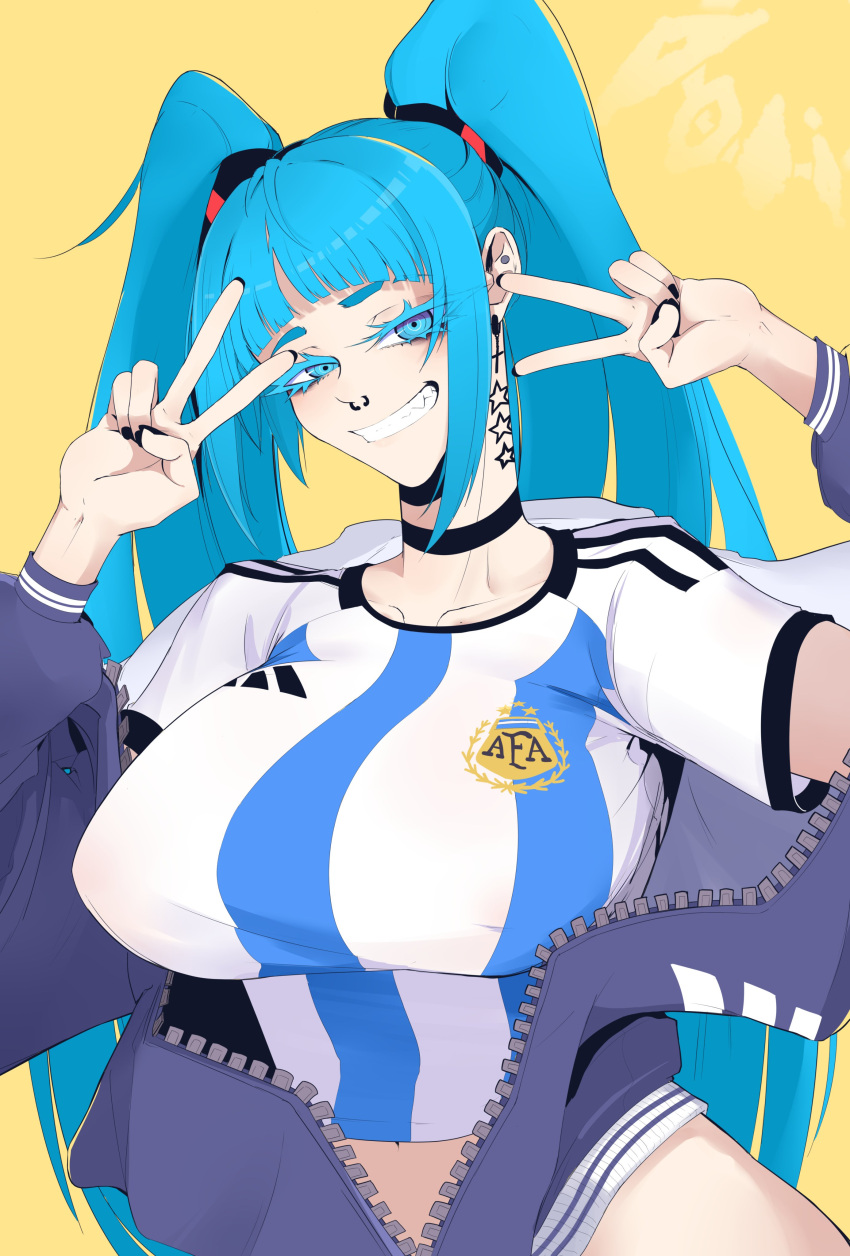 absurdres alternate_breast_size aqua_eyes aqua_hair argentina black_choker breasts choker colored_eyelashes covered_nipples doli_palta double_v earrings female hatsune_miku highres jacket jewelry large_breasts long_hair looking_at_viewer nose_piercing open_clothes open_jacket parted_lips piercing print_shirt shirt short_sleeves smile solo twintails upper_body v very_long_hair vocaloid yellow_background