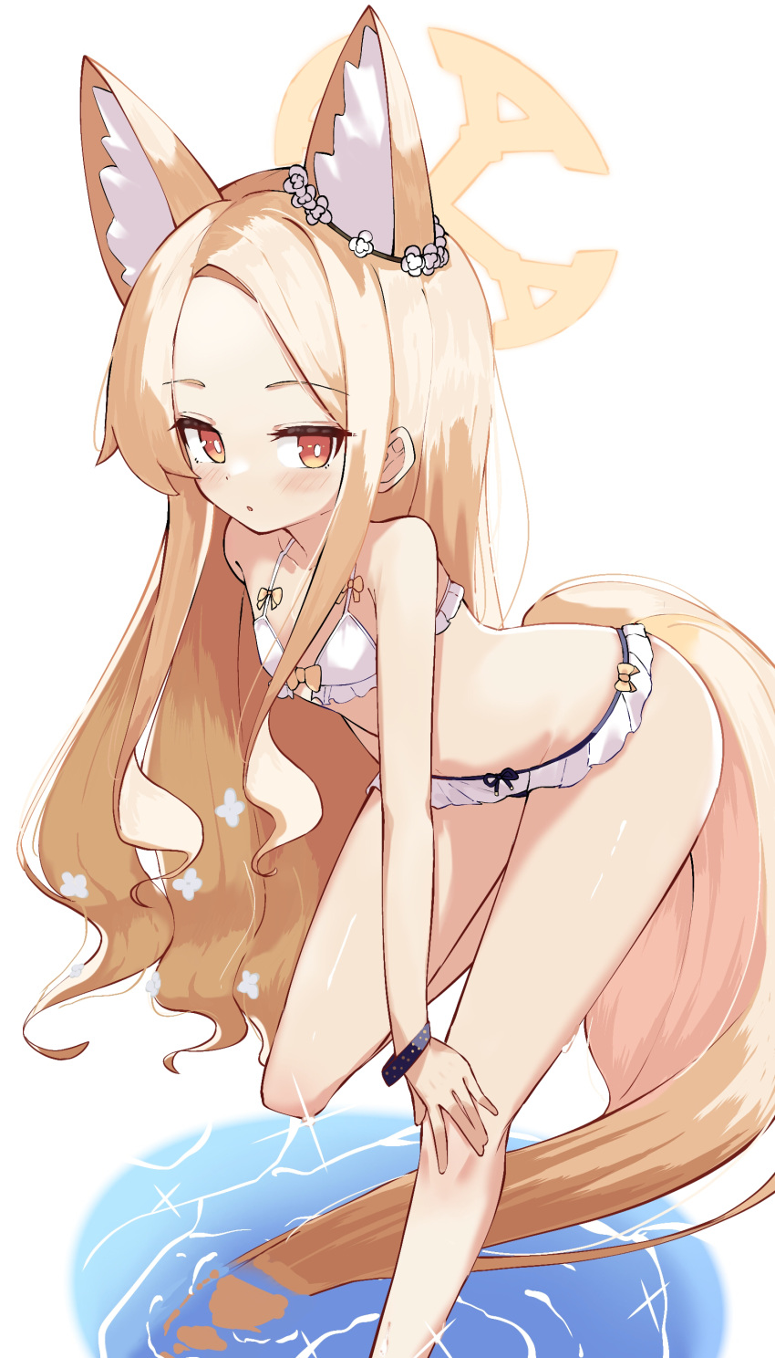 absurdres animal_ear_fluff animal_ears bent_over bikini bikini_skirt blue_archive blush breasts cross_halo female fox_ears fox_girl fox_tail frilled_bikini frills halo highres leg_up long_hair looking_at_viewer orange_eyes osmium-76 seia_(blue_archive) simple_background small_breasts solo swimsuit tail wading white_background wristband yellow_halo