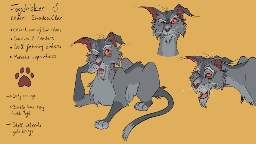 barkfur_(artist) domestic_cat elder english_text fan_character felid feline felis feral hi_res lying male mammal model_sheet simple_background solo text warriors_(book_series) yellow_background