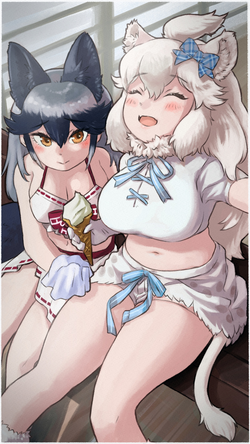 2girls absurdres animal_ears bikini black_hair bow bowtie extra_ears food fox_ears fox_girl fox_tail grey_hair highres ice_cream kemono_friends lion_ears lion_girl lion_tail long_hair looking_at_viewer multiple_girls navel ribbon sarong shirt shoes shorts silver_fox_(kemono_friends) swimsuit tail toriny white_lion_(kemono_friends) yellow_eyes