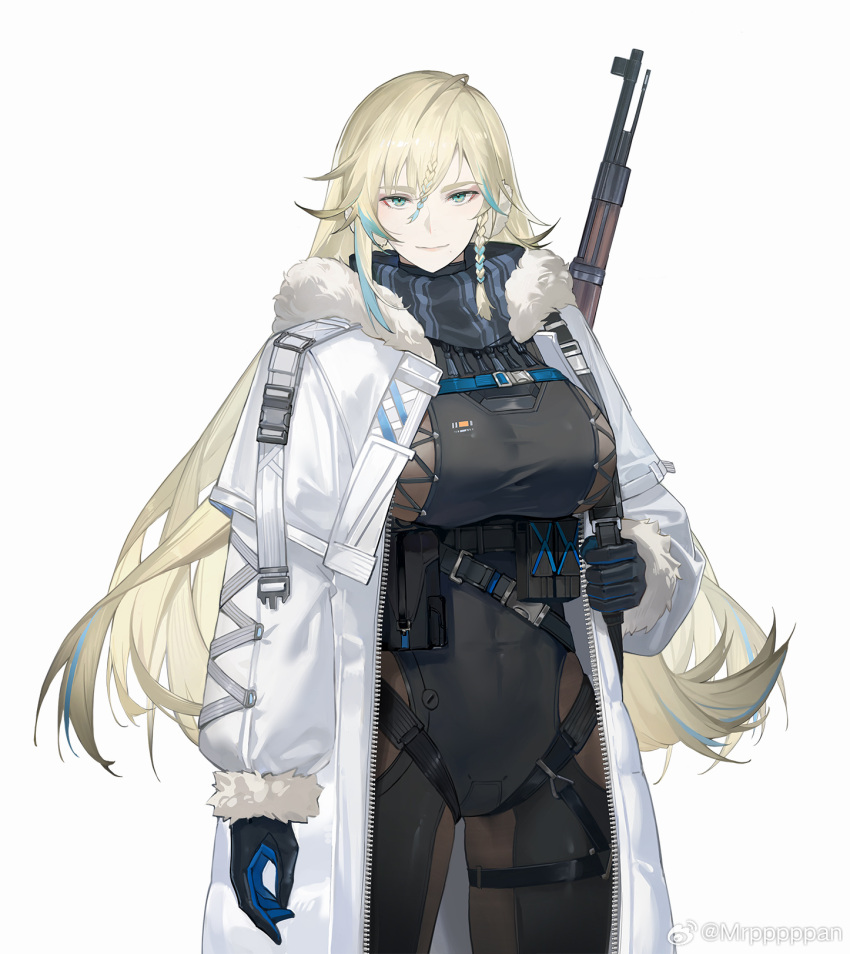 belt belt_pouch black_bodysuit black_scarf blonde_hair blue_eyes blue_hair bodystocking bodysuit braid braided_bangs breasts character_request coat colored_tips cowboy_shot female fur-trimmed_coat fur_trim gun gun_on_back highres impossible_bodysuit impossible_clothes large_breasts legs_apart long_hair looking_at_viewer low-tied_long_hair multicolored_hair official_art pouch pppppan punishing:_gray_raven rifle scarf side_braid smile solo underbust utility_belt weapon weapon_on_back weibo_logo weibo_watermark white_background white_coat