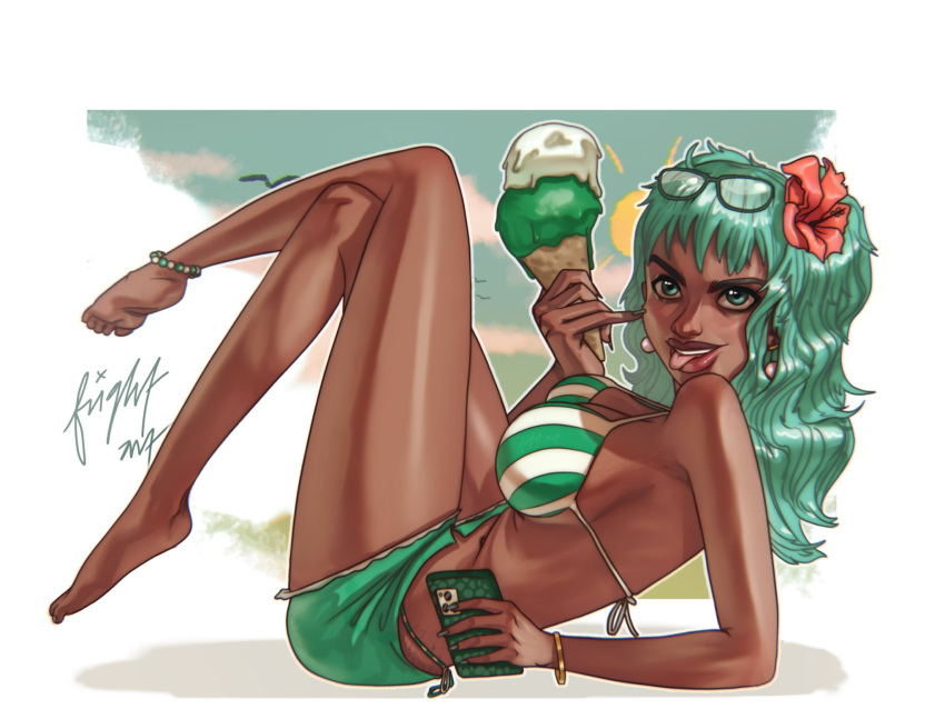 anklet aqua_eyes aqua_hair bare_legs barefoot bikini bracelet breasts dark-skinned_female dark_skin double_scoop earrings eyewear_on_head female flower food fright_art glasses green_shorts hair_flower hair_ornament hatsune_miku highres holding holding_ice_cream_cone holding_phone ice_cream ice_cream_cone jewelry long_hair medium_breasts navel nigeria outline phone red_flower shadow shorts smile solo striped_bikini striped_clothes swimsuit tongue tongue_out twintails vertical-striped_bikini vertical-striped_clothes vocaloid white_outline