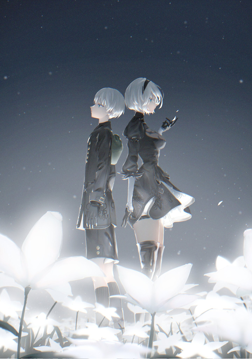 1boy 2b_(nier:automata) 9s_(nier:automata) back-to-back black_dress black_gloves black_hairband black_jacket black_shorts blue_eyes boots breasts clothing_cutout commentary_request dress feather-trimmed_sleeves feather_trim female flower gloves hairband highres jacket juliet_sleeves large_breasts long_sleeves nier:automata nier_(series) no_blindfold puffy_sleeves shikan shorts standing thigh_boots white_hair