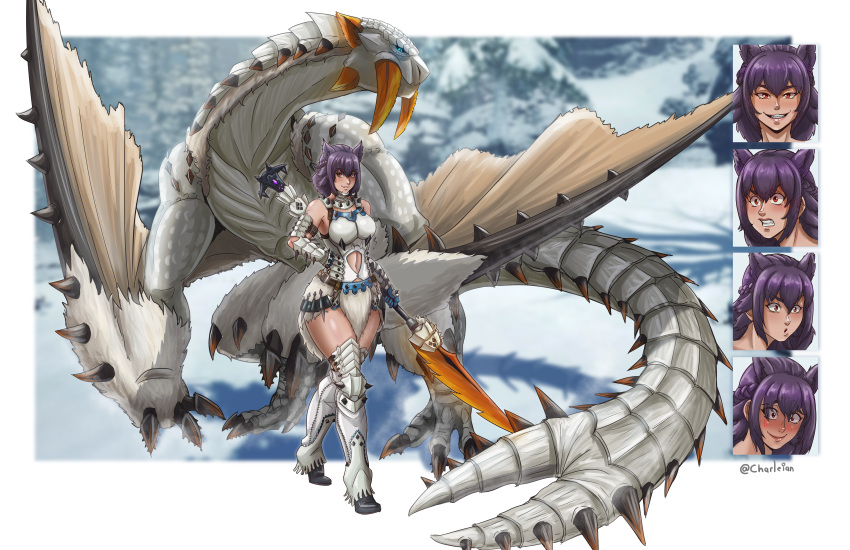 absurdres armor barioth barioth_(armor) blush charleian claws dragon expressions fangs female gloves hairband highres holding holding_weapon insect_glaive monster monster_hunter:_world monster_hunter_(series) navel open_mouth pelvic_curtain polearm purple_hair red_eyes smile snow tail thighhighs tusks weapon wings wyvern