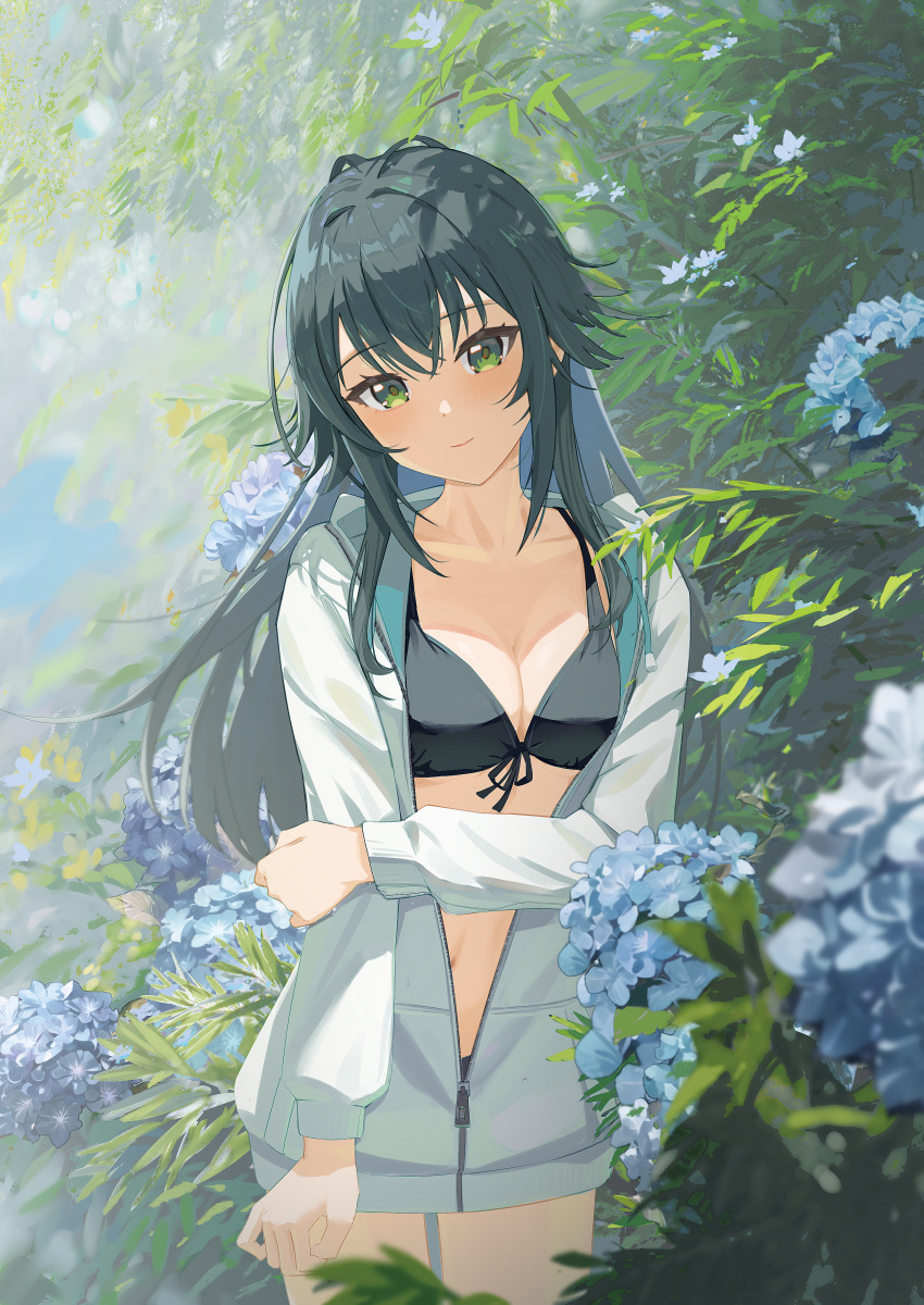 absurdres bikini bikini_under_clothes black_bikini blue_flower blush breasts cleavage collarbone da_tengzi female flower front-tie_bikini_top front-tie_top gakuen_idolmaster green_eyes green_hair hair_flaps head_tilt highres holding_own_arm hood hooded_jacket hydrangea idolmaster jacket jacket_over_swimsuit kimi_to_semi_blue_(idolmaster) light_smile long_hair looking_at_viewer medium_breasts navel outdoors partially_unzipped solo swimsuit tsukimura_temari two-sided_fabric two-sided_jacket very_long_hair white_jacket