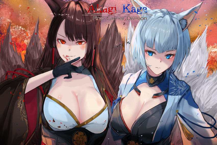 2girls akagi_(azur_lane) animal_ear_fluff animal_ears azur_lane black_gloves blood blood_on_face blue_eyes breasts brown_hair brown_kimono brown_tail character_name cleavage cleavage_cutout clothing_cutout collar eyeshadow fox_ears fox_girl fox_tail gloves highres japanese_clothes kaga_(azur_lane) kimono kitsune kyuubi large_breasts long_hair makeup metal_belt metal_collar multiple_girls multiple_tails open_clothes open_kimono red_eyes red_eyeshadow sakuramon sankyo_(821-scoville) tail tongue tongue_out upper_body white_hair white_kimono white_tail wide_sleeves