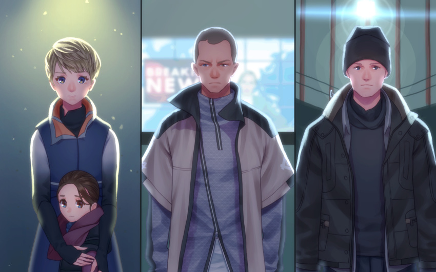 2boys 2girls alice_williams arms_at_sides black_coat black_headwear blue_eyes brown_hair buzz_cut coat connor_(detroit) dark-skinned_male dark_skin detroit:_become_human elbow_gloves fingerless_gloves gloves jacket kara_(detroit) kazahi_tsubame lens_flare lolicon looking_at_viewer markus_(detroit) multiple_boys multiple_girls outdoors short_hair standing television upper_body very_short_hair