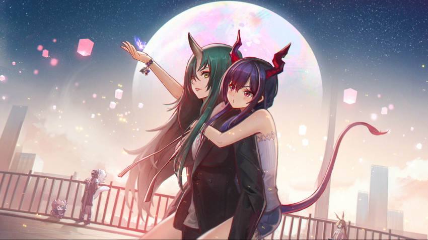 5girls amiya_(arknights) angelina_(arknights) arknights arm_up bare_arms bare_shoulders black_jacket blazer blue_hair blush breasts carrying ch'en_(arknights) chinese_commentary commentary_request cowboy_shot doctor_(arknights) dragon_horns dragon_tail female_doctor_(arknights) full_moon green_hair highres horns hoshiguma_(arknights) jacket large_breasts long_hair long_sleeves looking_at_viewer moon multiple_girls outdoors parted_lips piggyback railing red_eyes red_lips shirt short_shorts shorts single_horn sky standing star_(sky) starry_sky tail very_long_hair white_shirt yellow_eyes yizhibao