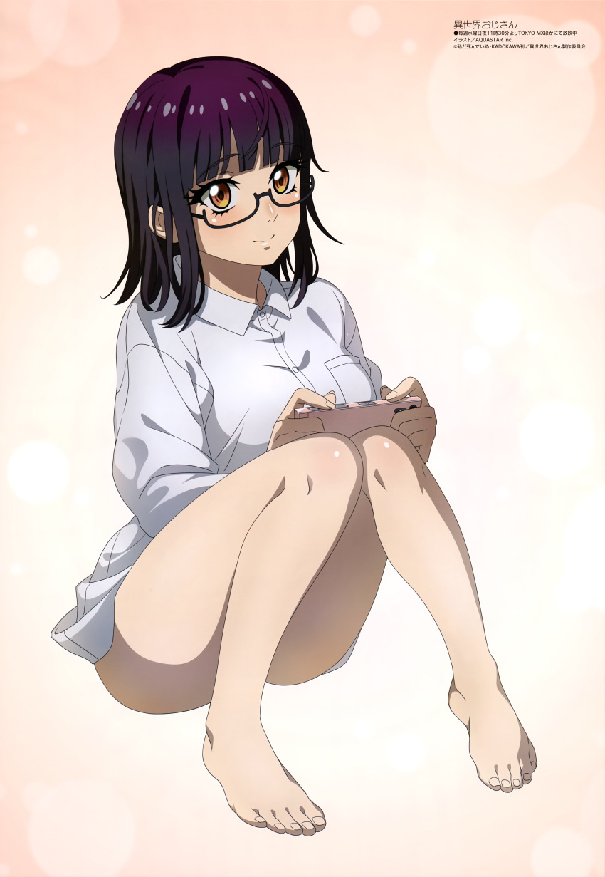 absurdres aqua_inc. barefoot black_hair blunt_bangs blush bottomless brown_eyes cellphone closed_mouth collared_shirt convenient_leg dress_shirt feet female fujimiya_sumika_(isekai_ojisan) full_body glasses gradient_background highres holding holding_phone isekai_ojisan long_sleeves looking_at_viewer magazine_scan megami_magazine official_art phone scan semi-rimless_eyewear shirt simple_background sitting smartphone smile solo thighs toes under-rim_eyewear