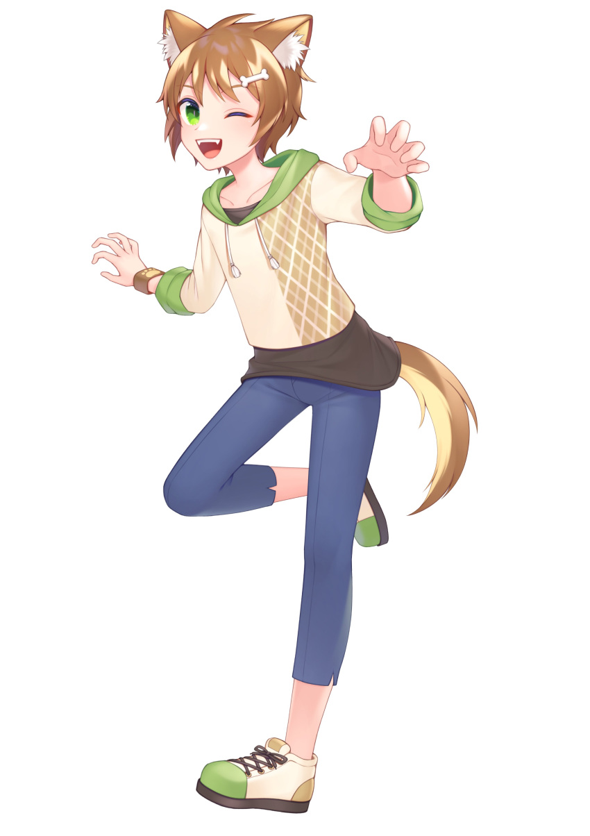 1boy absurdres animal_ears blush bone_hair_ornament brown_hair dog_boy dog_ears dog_tail full_body green_eyes hair_ornament highres hood hood_down hoshimelon indie_virtual_youtuber inumiya_uri male_focus official_art one_eye_closed pale_skin shoes solo tail virtual_youtuber