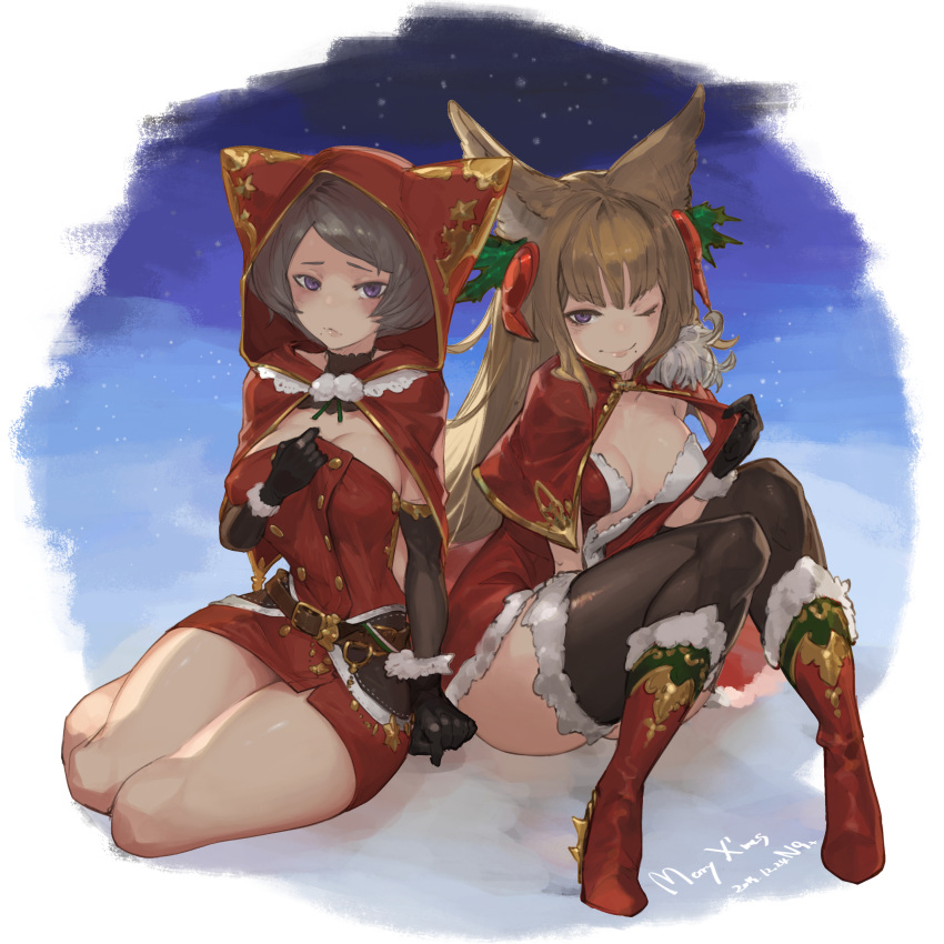 2girls absurdres alternate_costume animal_ears arm_support arm_under_breasts arm_warmers belt belt_buckle black_gloves black_legwear blunt_bangs bob_cut boots breast_press breasts breasts_apart brown_hair buckle buttons cape_lift capelet center_opening christmas cleavage cloak clothes_pull commentary_request dated detached_collar double-breasted dress dress_pull erune frown full_body fur_trim gloves gold granblue_fantasy hair_ornament highres holly hood hooded_cloak lips long_hair looking_at_viewer medium_breasts merry_christmas metera_(granblue_fantasy) mole mole_under_mouth multiple_girls n9+ narrow_waist night night_sky no_legwear one_eye_closed outside_border plunging_neckline pouty_lips purple_eyes red_dress red_footwear short_dress short_hair siblings sidelocks signature sisters sitting sky smile snow star_(sky) starry_sky strapless strapless_dress sutera_(granblue_fantasy) swept_bangs thick_lips thighhighs thighs tight_clothes tight_dress tsurime very_long_hair yokozuwari zettai_ryouiki