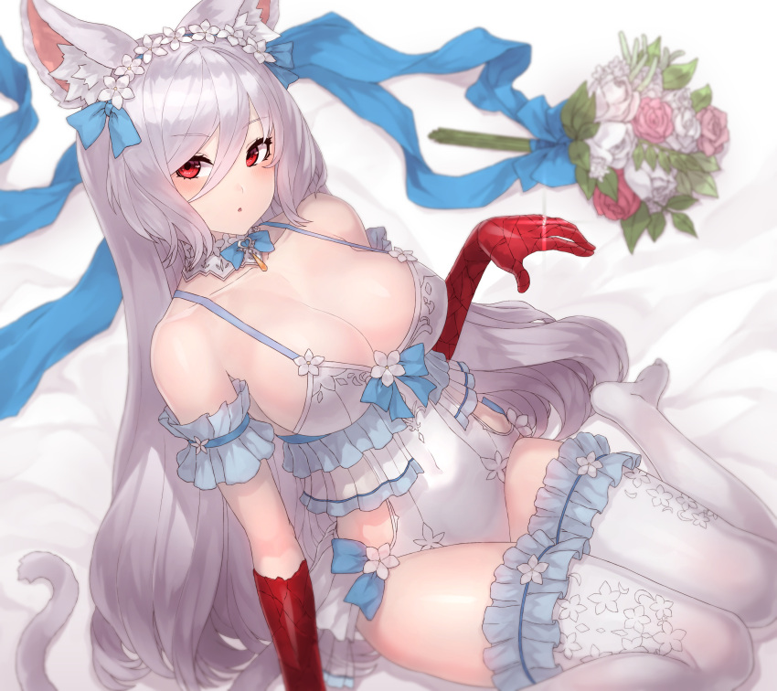 :o absurdres animal_ear_fluff animal_ears blush bouquet breasts cat_ears cat_girl cat_tail cleavage collarbone commentary_request elbow_gloves female flower frills gloves hair_between_eyes highres king's_raid kirze large_breasts long_hair looking_at_viewer open_mouth red_eyes red_gloves sitting solo tail thighhighs very_long_hair wariza white_hair white_thighhighs yu_mochi_(kamiinu)